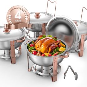 5 Qt 4 Pack Round Chafing Dish Buffet Set Fullsize Pan Stainless Steel Rose Gold