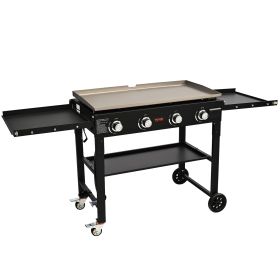 Commercial Griddle On Cart, 36' Heavy Duty Manual Flat Top Griddle, Outdoor Cooking Station With Side Shelves, Steel Natural Gas Griddle, 4-Burners Re