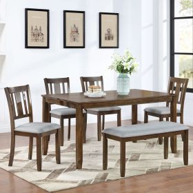 6 Piece Kitchen Dining Set, Rectangular Wooden Dining Table with 4 Upholstered Chairs and a Bench, Dining Table Set for 6 People, Living Room
